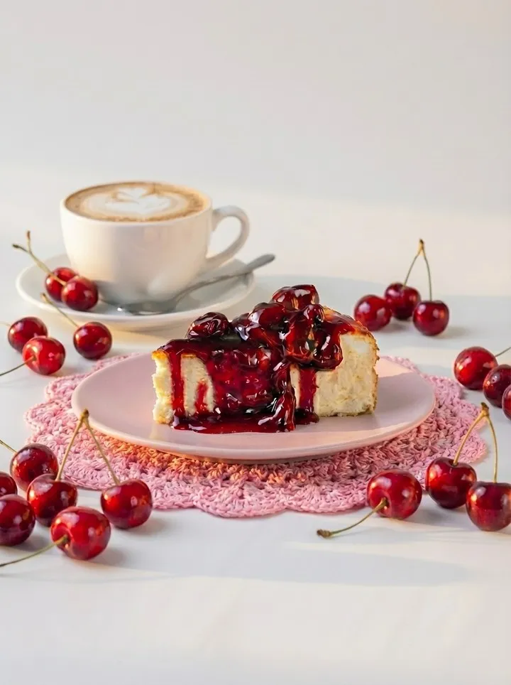 Kirsch-Käsekuchen – cremig, mit leichter Säure. Täglich frisch aus dem Ofen.
